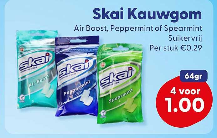 Skai Kauwgom Air Boost, Peppermint of Spearmint Suikervrij 64gr 4 voor 1.00
