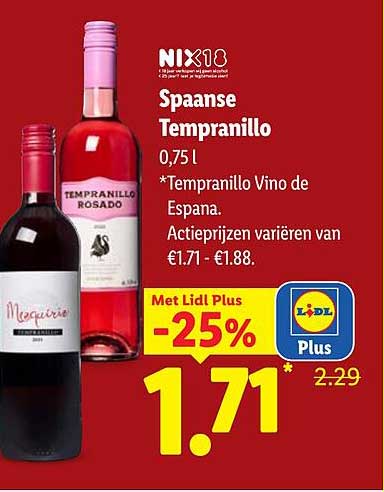 Spaanse Tempranillo 0,75 l *Tempranillo Vino de Espana. Met Lidl Plus -25%