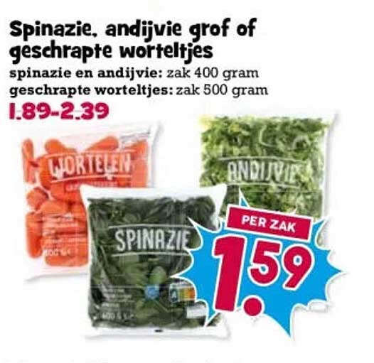 Spinazie, andijvie grof of gesrapte worteltjes