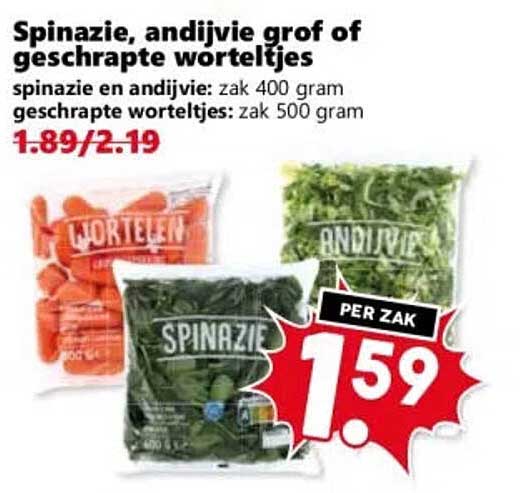 Spinazie, andijvie, grof of gesrapte worteltjes