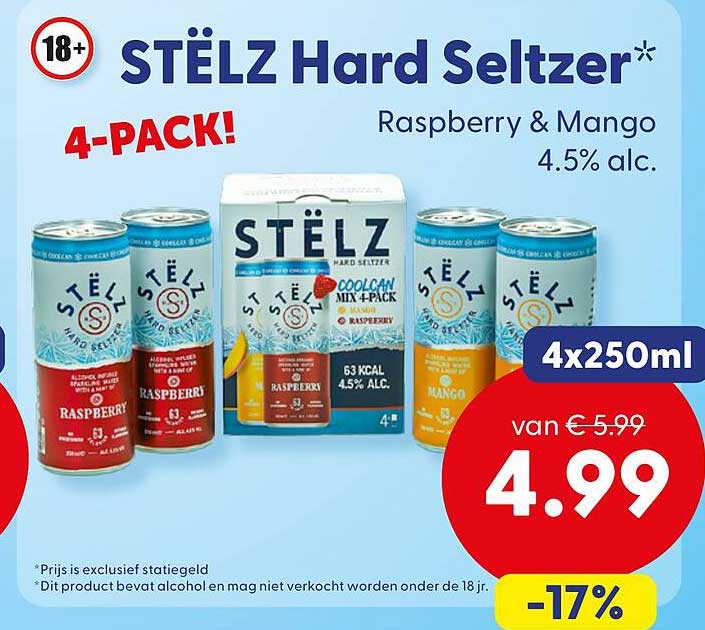 STËLZ Hard Seltzer* 4-PACK! Raspberry & Mango 4.5% alc. 4x250ml -17%