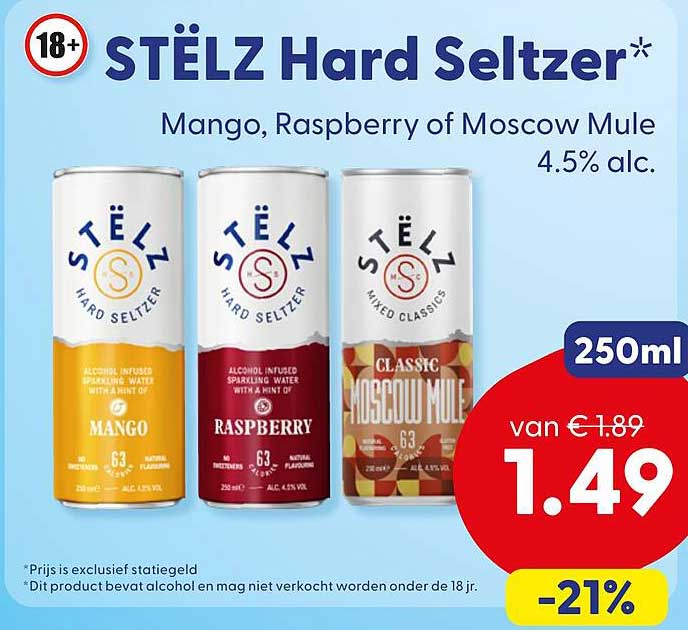 STËLZ Hard Seltzer Mango, Raspberry of Moscow Mule 4.5% alc.