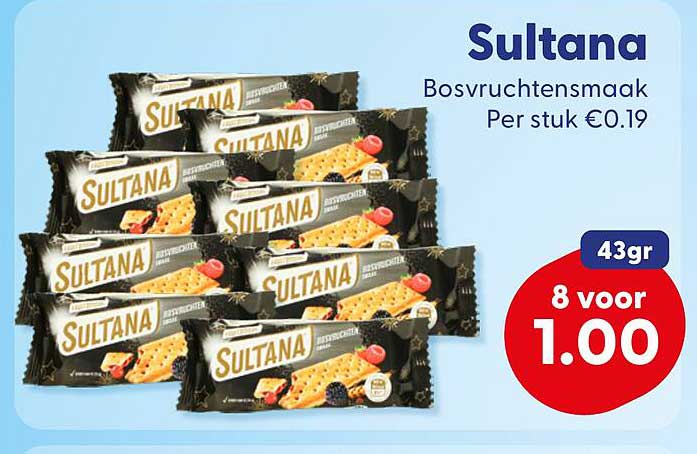Sultana Bosvruchtensmaak Per stuk €0.19 43gr 8 voor 1.00