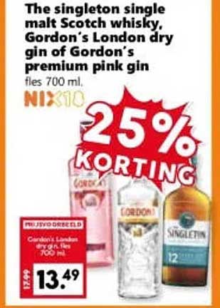 The singleton single malt Scotch whisky, Gordon's London dry gin of Gordon's premium pink gin fles 700 ml, NIX10, 25% KORTING