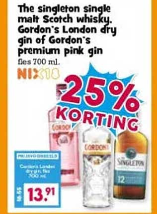The singleton single malt Scotch whisky, Gordon's London dry gin of Gordon's premium pink gin fles 700 ml. NIX18 25% KORTING