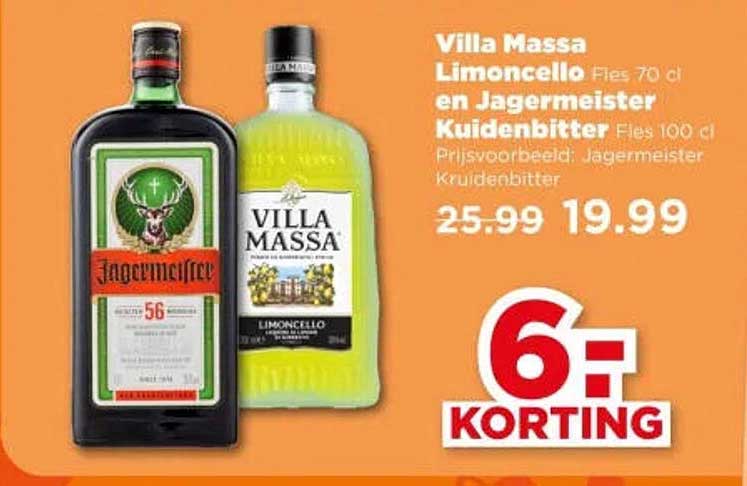 Villa Massa Limoncello Fles 70 cl en Jagermeister Kruidebitter Fles 100 cl Prijsvoorbeeld: Jagermeister Kruidebitter 6% korting