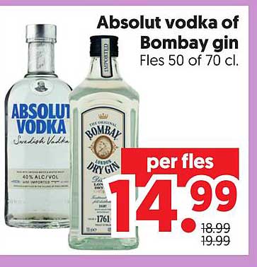 Absolut vodka of Bombay gin Fles 50 of 70 cl.