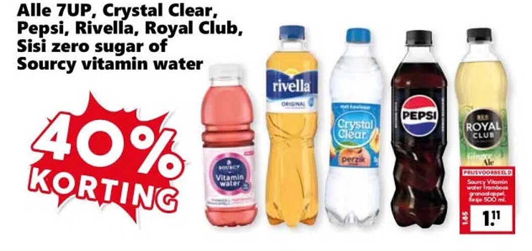 Alle 7UP, Crystal Clear, Pepsi, Rivella, Royal Club, Sisi zero sugar of Sourcy vitamin water 40% korting