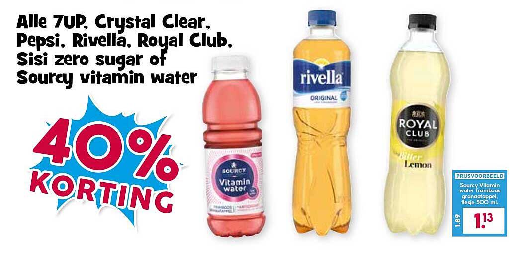 Alle 7UP, Crystal Clear, Pepsi, Rivella, Royal Club, Sisi zero sugar of Sourcy vitamin water 40% KORTING