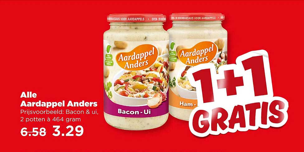 Alle Aardappel Anders Prijsvoorbeeld: Bacon & ui, 2 potten à 464 gram 1+1 GRATIS