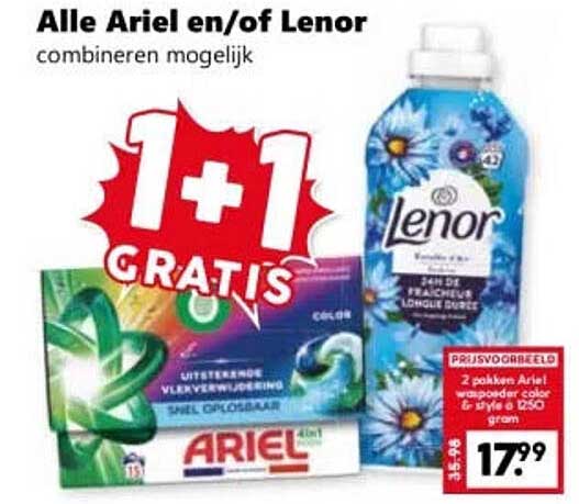 Alle Ariel en/of Lenor combineren mogelijk 1+1 GRATIS