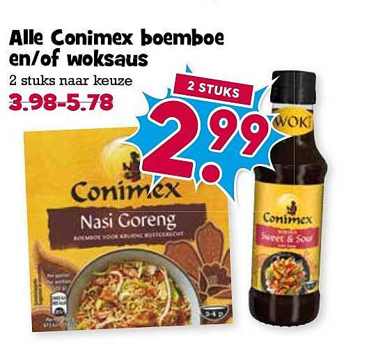 Alle Conimex boemboe en/of woksaus 2 stuks naar keuze
