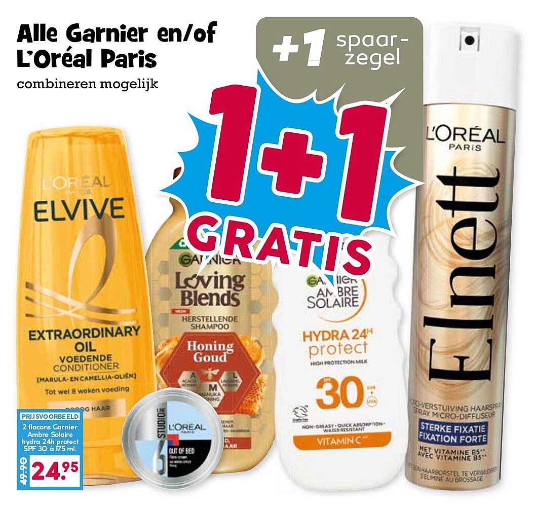 Alle Garnier en/of L’Oréal Paris combineren mogelijk 1+1 gratis +1 spaarzegel