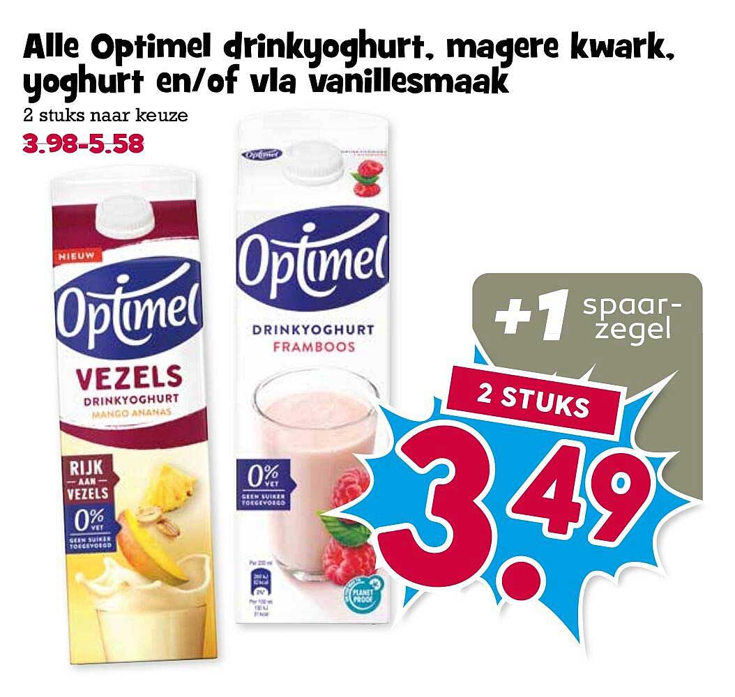 Alle Optimel drinkyoghurt, magere kwark, yoghurt en/of vla vanillesmaak 2 stuks naar keuze +1 spaarzegel