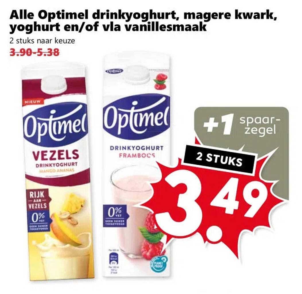 Alle Optimel drinkyoghurt, magere kwark, yoghurt en/of vla vanillesmaak 2 stuks naar keuze +1 spaarzegel