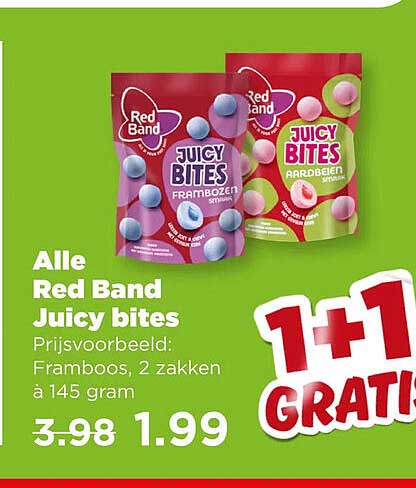 Alle Red Band Juicy bites Prijsvoorbeeld: Framboos, 2 zakken à 145 gram 1+1 gratis