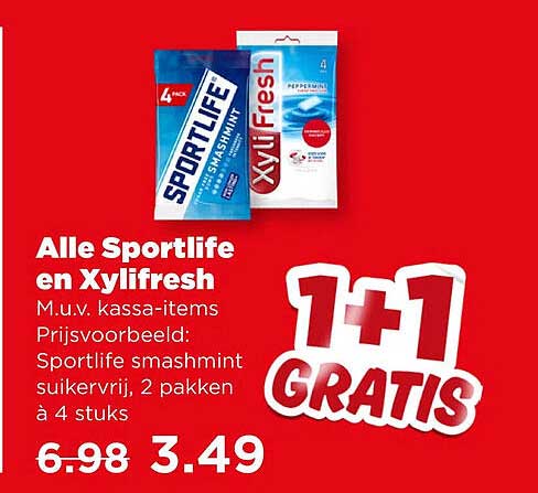 Alle Sportlife en Xylifresh M.u.v. kassa-items Prijsvoorbeeld: Sportlife smashmint suikervrij, 2 pakken à 4 stuks 1+1 GRATIS