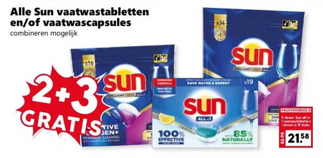 Alle Sun vaatwastabletten en/of vaatwascapsules combineren mogelijk 2+3 GRATIS