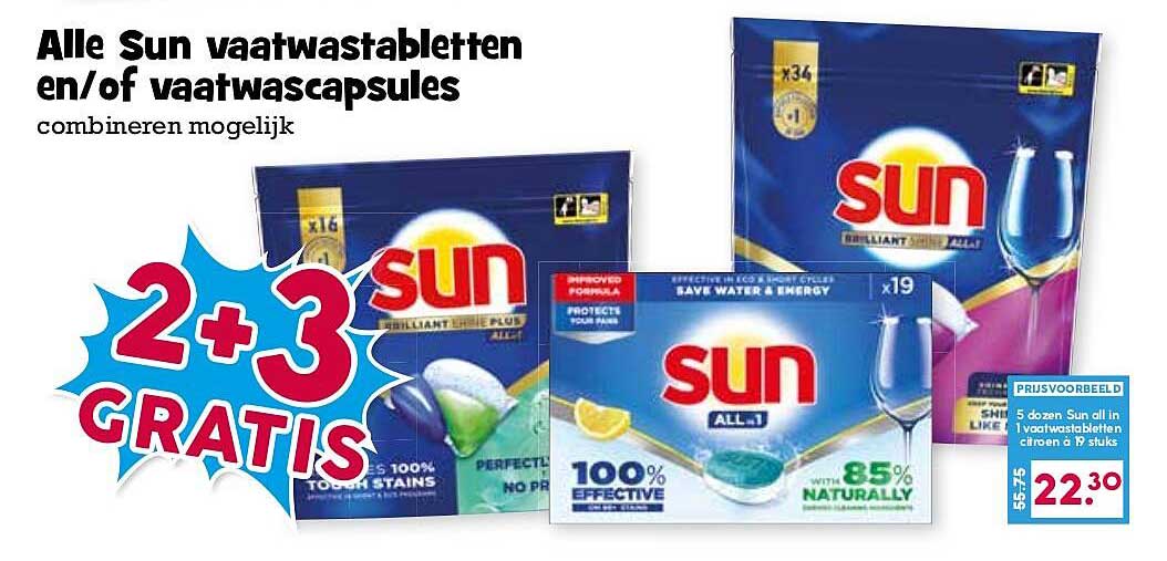 Alle Sun vaatwastabletten en/of vaatwascapsules combineren mogelijk 2+3 GRATIS