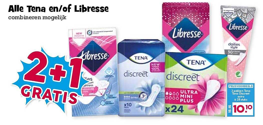 Alle Tena en/of Libresse combineren mogelijk 2+1 GRATIS