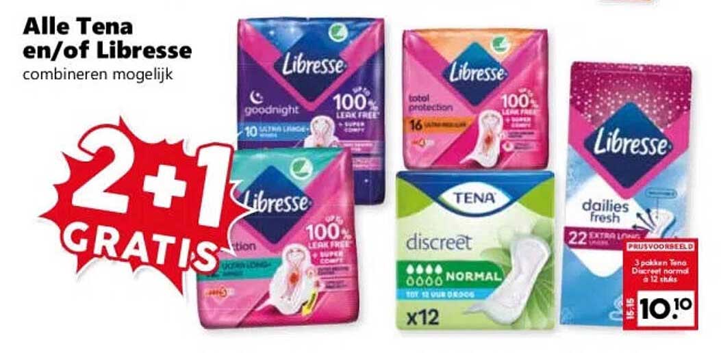 Alle Tena en/of Libresse combineren mogelijk 2+1 GRATIS