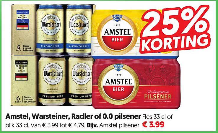 Amstel, Warsteiner, Radler of 0.0 pilsener 25% KORTING