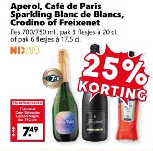 Aperol, Café de Paris Sparkling Blanc de Blancs, Crodino of Freixenet 25% KORTING