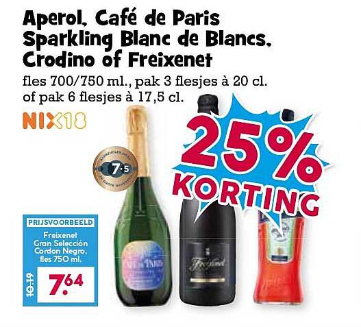 Aperol, Café de Paris Sparkling Blanc de Blancs, Crodino of Freixenet 25% korting