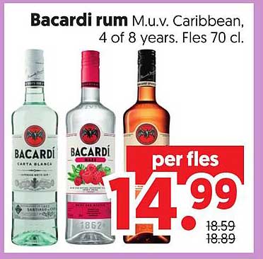 Bacardi rum M.u.v. Caribbean, 4 of 8 years. Fles 70 cl. per fles