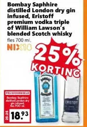 Bombay Sapphire distilled London dry gin infused, Eristoff premium vodka triple of William Lawson’s blended Scotch whisky fles 700 ml, 25% KORTING