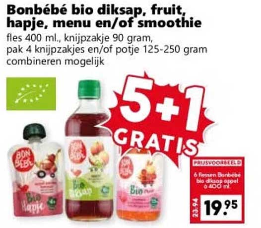 Bonbébé bio diksap, fruit, hapje, menu en/of smoothie 5+1 gratis