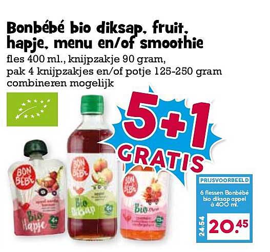 Bonbébé bio diksap, fruit hapje, menu en/of smoothie 5+1 GRATIS