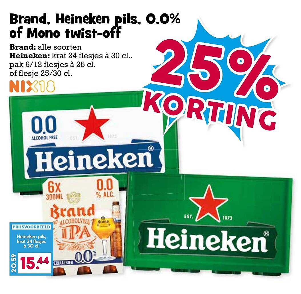 Brand, Heineken pils, 0.0% of Mono twist-off 25% korting
