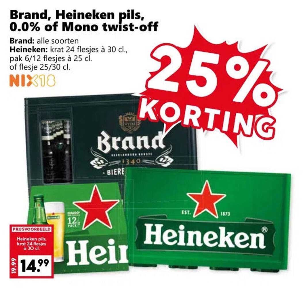 Brand, Heineken pils, 0.0% of Mono twist-off 25% korting
