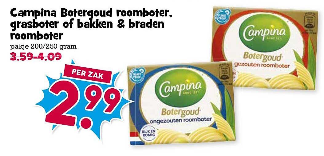 Campina Botergoud roomboter, grasboter of bakken & braden roomboter
