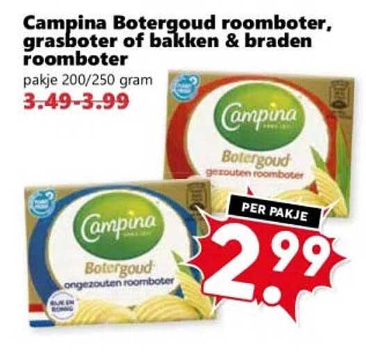 Campina Botergoud roomboter, grasboter of bakken & braden roomboter