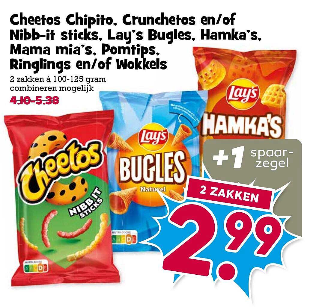 Cheetos Chipito, Crunchetos en/of Nibb-it sticks, Lay’s Bugles, Hamka’s, Mama mia’s, Pomtips, Ringlings en/of Wokkels 2 zakken à 100-125 gram combineren mogelijk +1 spaarzegel