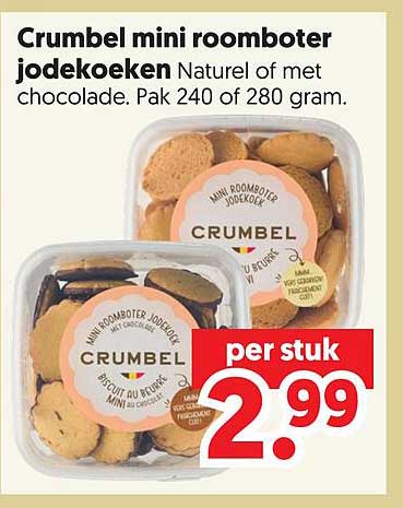 Crumbel mini roomboter jodekoeken Naturel of met chocolade. Pak 240 of 280 gram.
