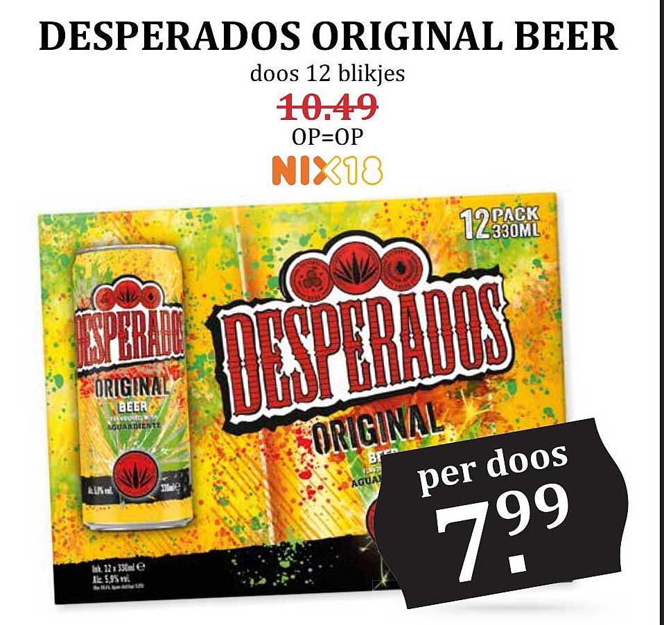 DESPERADOS ORIGINAL BEER doos 12 blikjes OP=OP NIX18