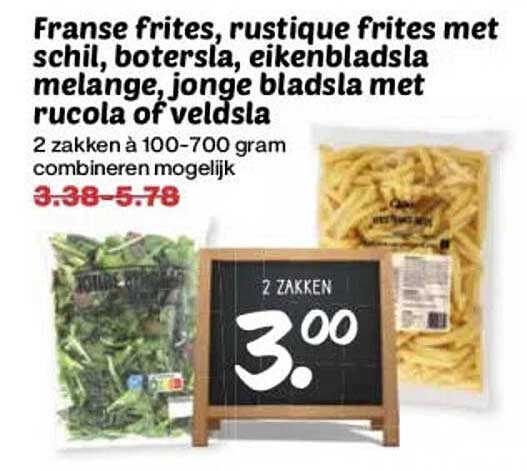 Franse frites, rustique frites met schil, botersla, eikenbladsla melange, jonge bladsla met rucola of veldsla