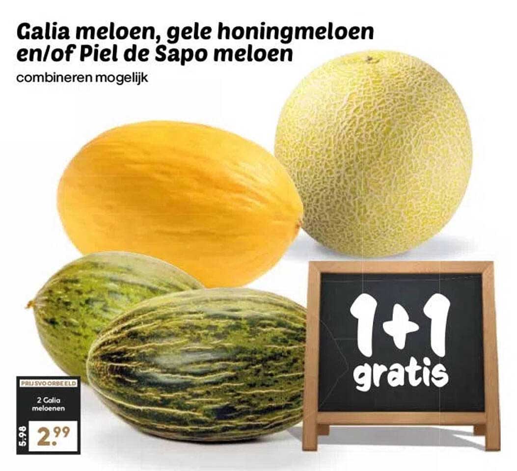 Galia meloen, gele honingmeloen en/of Piel de Sapo meloen combineren mogelijk 1+1 gratis