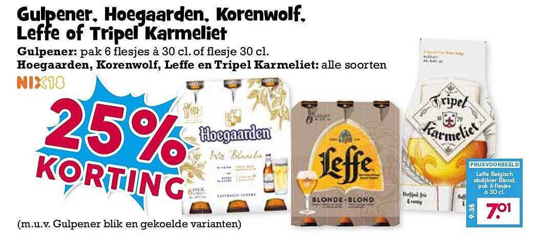 Gulpener, Hoegaarden, Korenwolf, Leffe of Tripel Karmeliet 25% korting