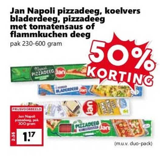 Jan Napoli pizzadeeg, koelvers bladerdeeg, pizzadeeg met tomatensaus of flammkuchen deeg 50% korting