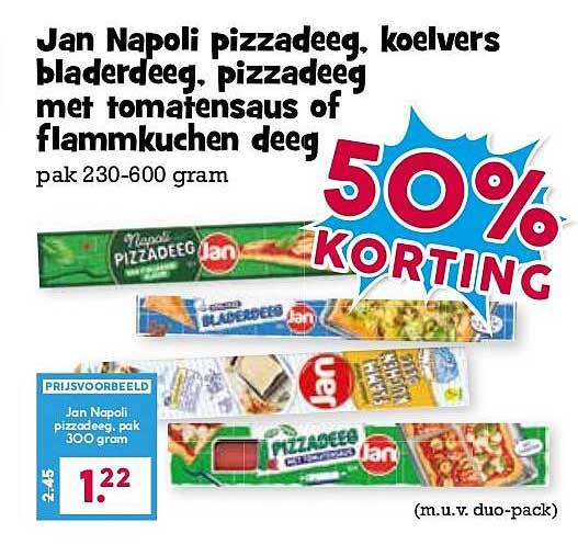 Jan Napoli pizzadeeg, koelvers bladerdeeg, pizzadeeg met tomatensaus of flammkuchen deeg 50% KORTING