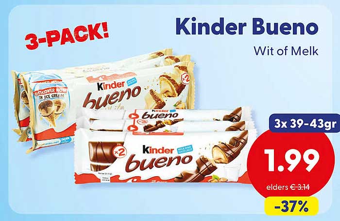 Kinder Bueno Wit of Melk 3-PACK! 3x 39-43gr -37%