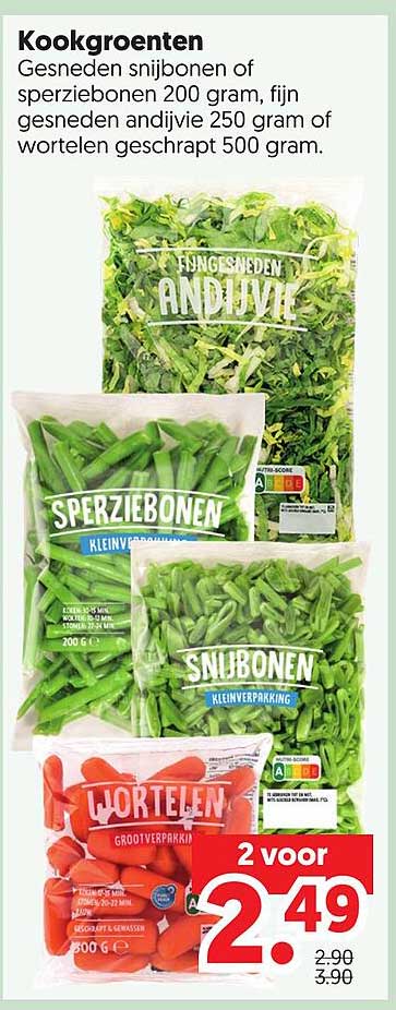 Kookgroenten Gesneden snijbonen of sperziebonen 200 gram, fijn gesneden andijvie 250 gram of wortelen geschild 500 gram