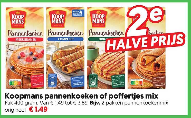 Koopmans pannenkoeken of poffertjes mix 2e halve prijs