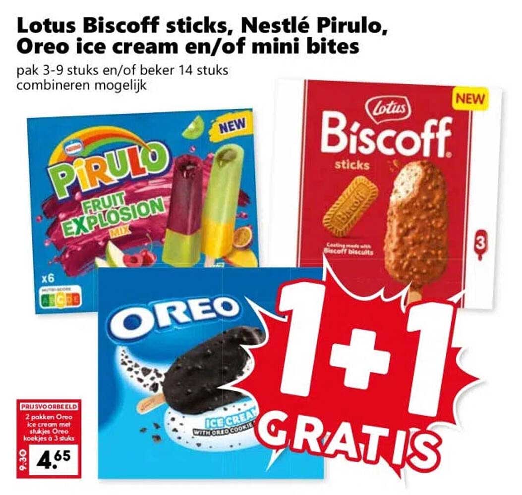 Lotus Biscoff sticks, Nestlé Pirulo, Oreo ice cream en/of mini bites 1+1 gratis