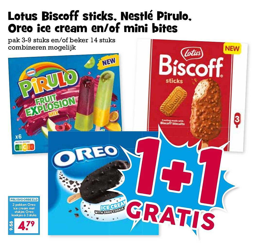 Lotus Biscoff sticks, Nestlé Pirulo, Oreo ice cream en/of mini bites 1+1 gratis