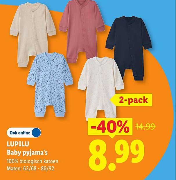 LUPILU Baby pyjama's 100% biologisch katoen Maten: 62/68 - 86/92 2-pack -40%